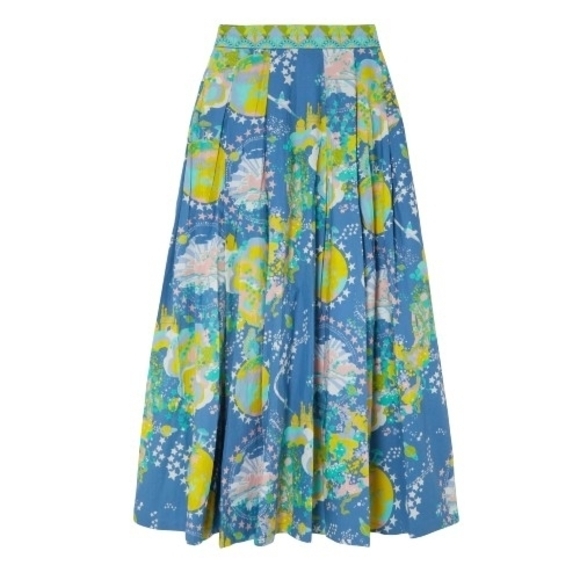 Emporio Sirenuse Flaminia Pleated Printed Cotton Blue & Green A-Line Skirt NWT - Picture 2 of 16